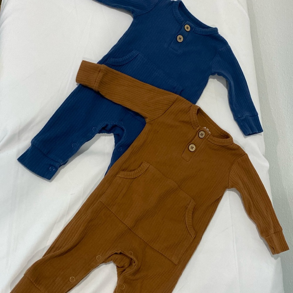 Three Little Tots  (2) Baby Ribbed Organic Playsuits with Pockets |Sz 3-6 months